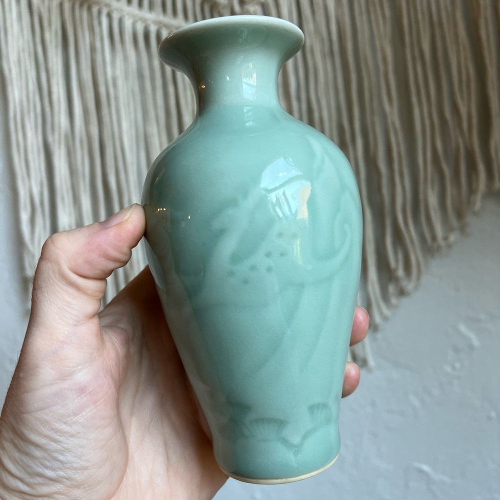 Celadon Green Bud Vase – 6” Ceramic – Asian Pottery – Chinoiserie Decor